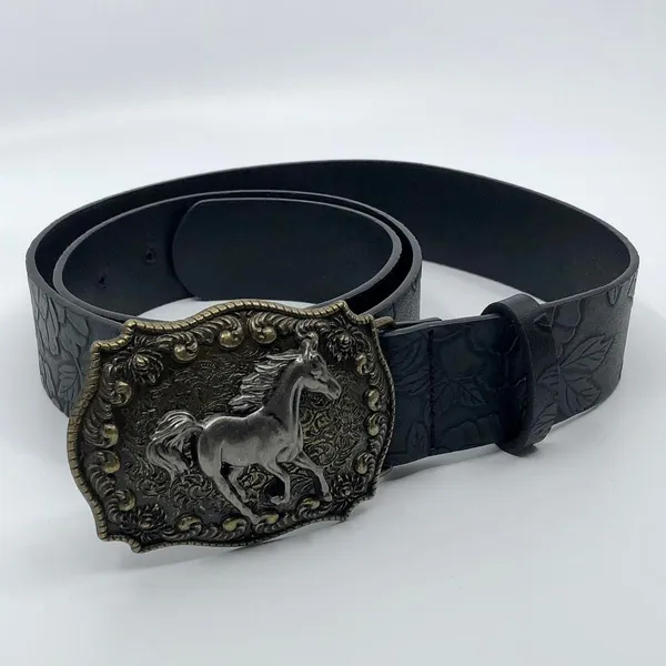 Women's Black Embossed Western Horse Buckle Belt, 28.5–39.5 Inches, X7G9A1018 - Image 3