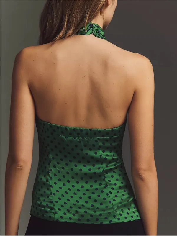 Anthropologie Maeve Polka Dot Silken Halter Tie Top in Green Dot - Image 2