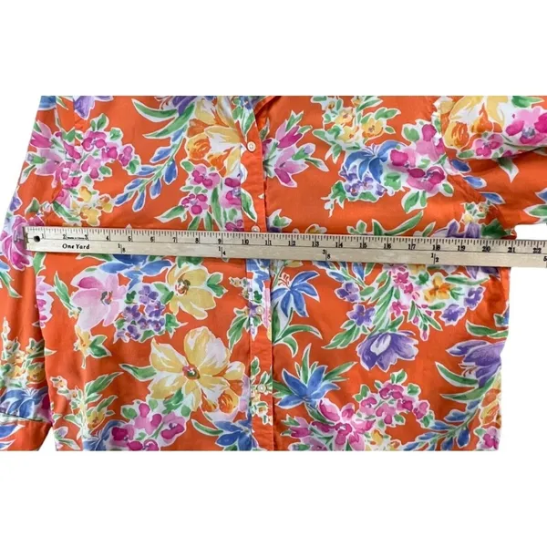 Lauren Ralph Lauren Shirt Womens L Orange Floral Cotton Button Front 3/4 Sleeve - Image 7