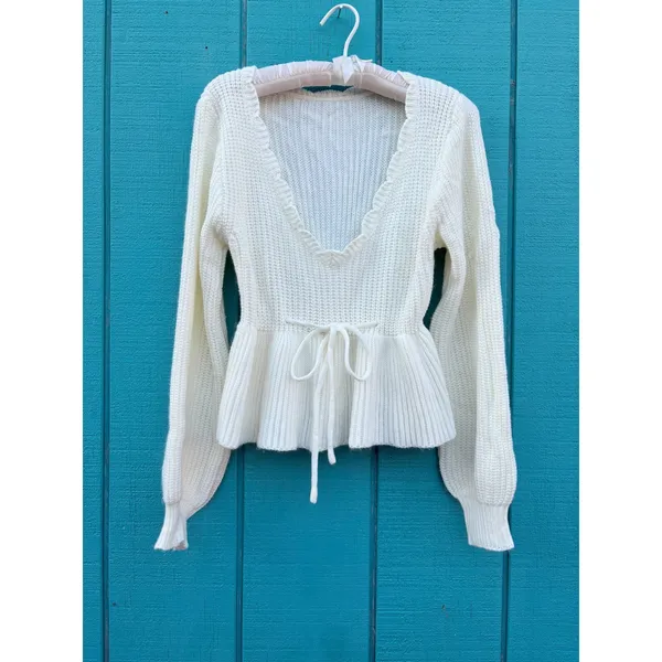 Scallop Ruffle V-Neck Peplum Ribbed Knit Sweater Balloon Sleeve Drawstring Waist - Image 2