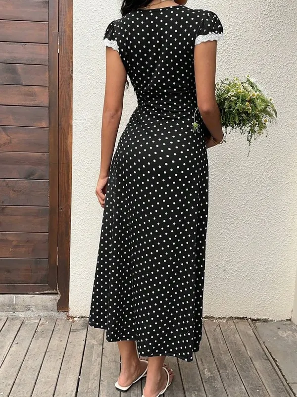 Retro Black & White Polka Dot V-Neck Lace Trim Dress - Image 2