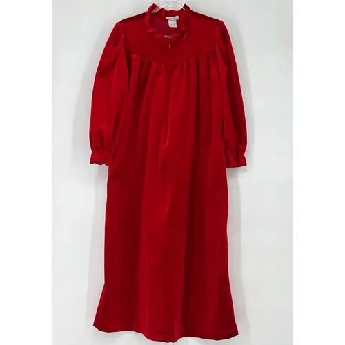 Vintage Red Velour Nightgown‎ Women Medium Quilted Ruffle Zip Long Sleeve Appel - Image 2