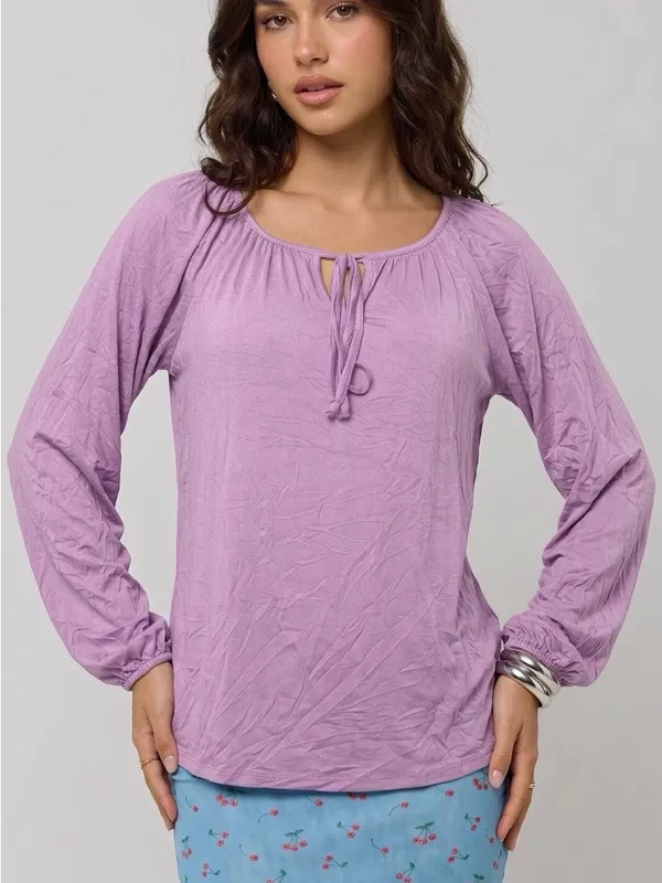 Women’s Lavender Tie-Neck Long Sleeve Tunic Top - Image 2