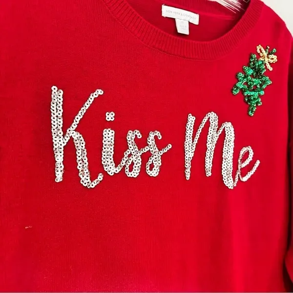 NY&Co Kiss Me Ugly Christmas Sweater Women‎ XS Red Holiday Sequin Mistletoe Glam - Image 3