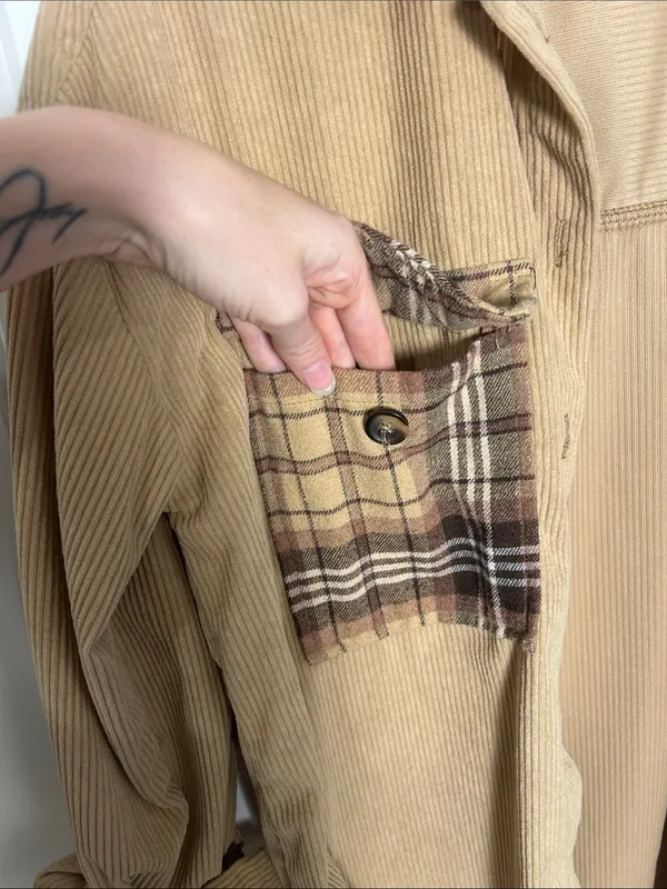 No Comment Two-Tone Tan Corduroy & Plaid Shacket - Image 2