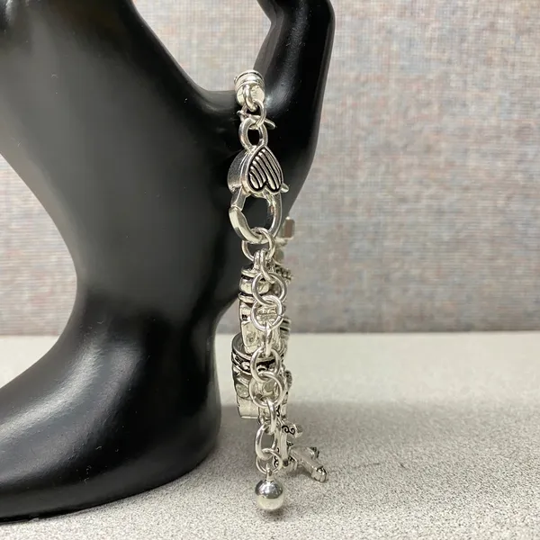 Premier Designs Silver Tone Charm Bracelet Cross Heart Dangle Beads Luck Scroll - Image 2