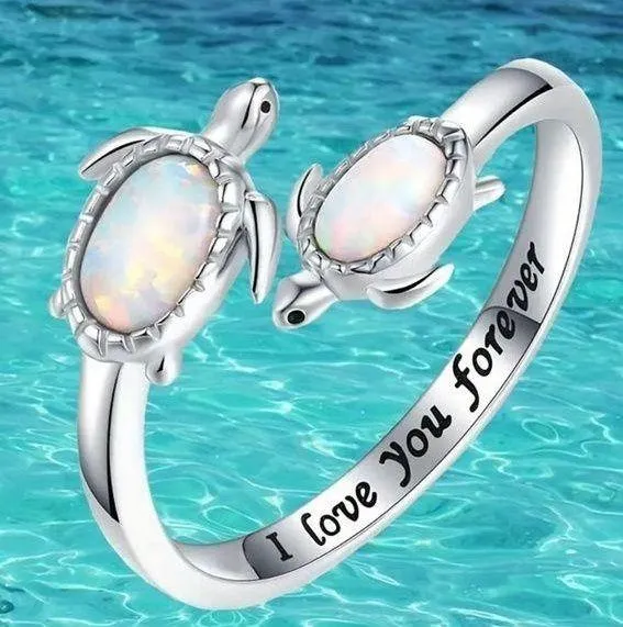 Stainless Steel Silver Mother and Baby Turtle Adjustable Ring Size 5-9 - Image 2