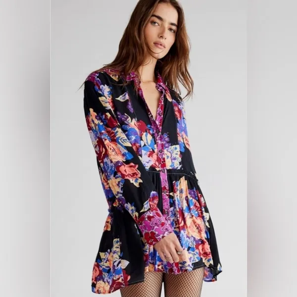 Free People Bunch A Brunch Tunic‎ Top Dress Black Motif Pink Purple Floral Small - Image 5