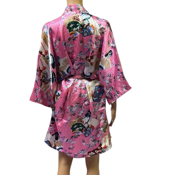 Pink Geisha Lotus Floral Satin Pocket Kimono Robe Tie Belt One Size Fits Most - Image 6