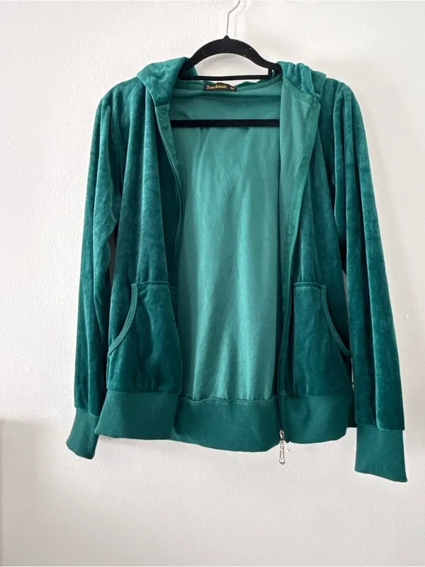 Y2K style Velour Zip Hoodie Jacket - green - Image 2