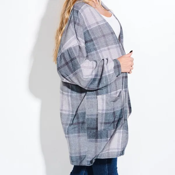 Homestead Plaid Rustic Green Relaxed Open Cardi Cuff Sleeve Duster Shacket - Image 5