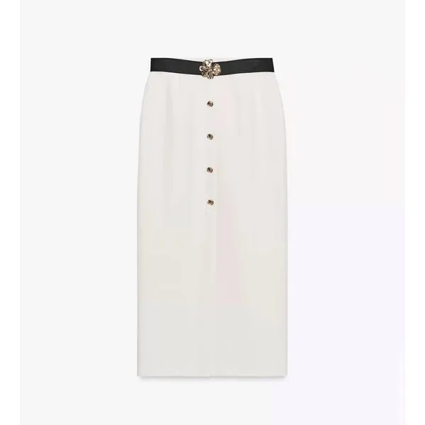 Zara Women Cream Button Front Midi Skirt Gold Brooch Contrast Waistband‎ Slit XL - Image 5