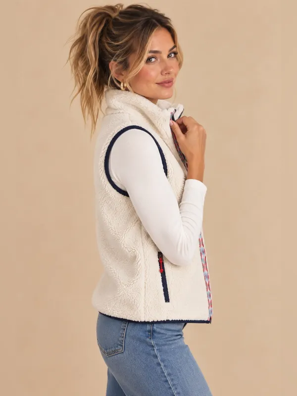 Orvis Women’s Cream Sherpa Fleece Vest Aztec/Black Trim Full Zip Outdoor Medium - Image 2