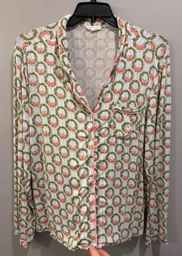 Mary Square Charlotte Long Sleeve Button-Up Pajama Top and Pants Set Deck The Halls - Image 7