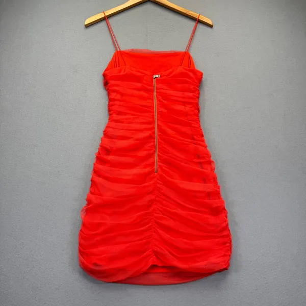 Alice + Olivia Red Ruched Mesh Mini Dress Spaghetti Strap Size‎ 6 Bodycon Zipper - Image 7