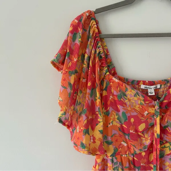 Marissa Olivia Red Orange Floral Flutter Sleeve Peasant Smocked Mini Dress L - Image 3
