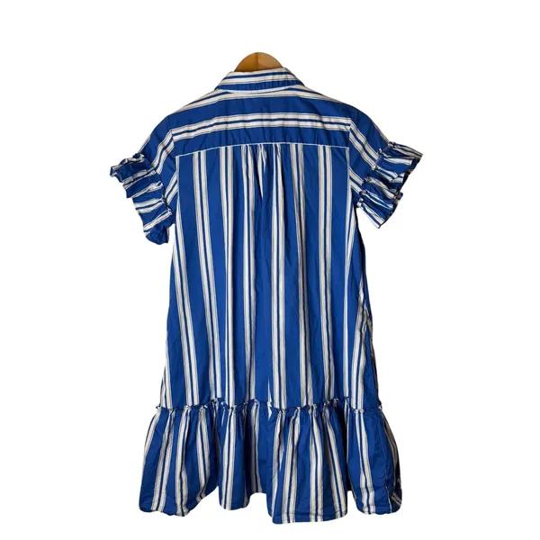 J Crew Amelia Shirt Dress Women 0 Blue White Striped Ruffle Hem Preppy Nautical - Image 3