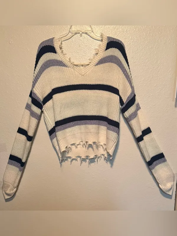 Rue21 Large Distressed Striped Oversized Cropped Knit Sweater - Image 3