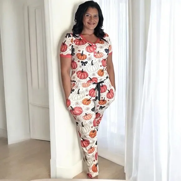 Shirley & Stone Womens Pumpkin Bow Pajama Set Size Med Fall Sleepwear Henley PJs - Image 3