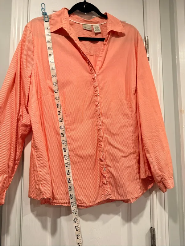 L.L. Bean Size 1X Pink Stripe Ruffle Front Lightweight Cotton Button Down Shirt - Image 5