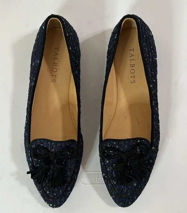Talbots Francesca Tie Tassel Driving Moccasins in navy sequin tweed size 5.5 - Image 6