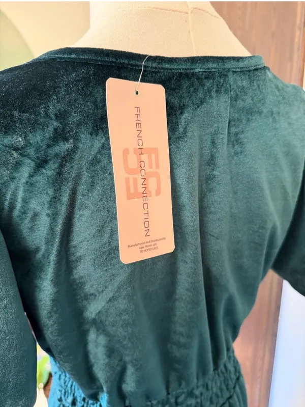 French Connection Dark Green Velvet Tiered Midi Dress - Image 9