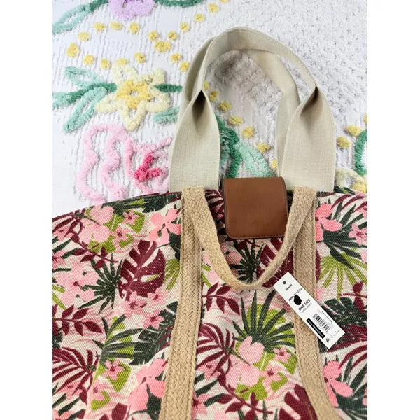 Tropical Floral Canvas Beach Tote Bag‎ Pink Green Palm Leaf NB211145 NEW - Image 4