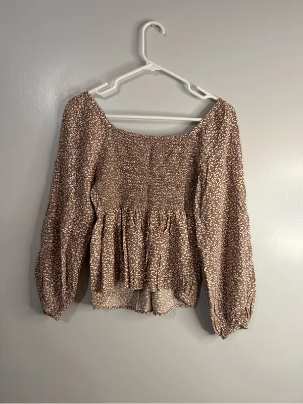 Japna Tan Brown Printed Long Sleeve Peasant Top Size Medium - Image 2