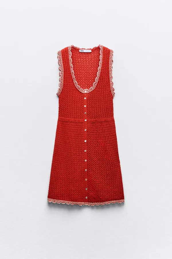 Zara crochet Red Button-Up Dress with Lace Trim - Image 3
