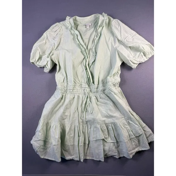 Free Assembly Womens XXL Green Striped Ruffle V-Neck Puff Sleeve Mini Dress - Image 2