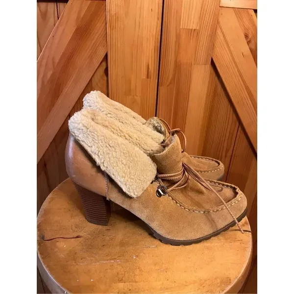 Ruff Hewn Willow Women Size 9.5 M Booties Brown/Tan Sherpa cuff 3.5" Stacked He - Image 3