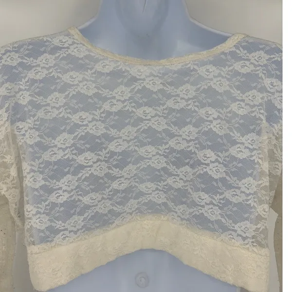 Y2K Sheer Lace Crop Top Sz XL Cream Festival Coquette Long Sleeve Fairy Grunge - Image 6