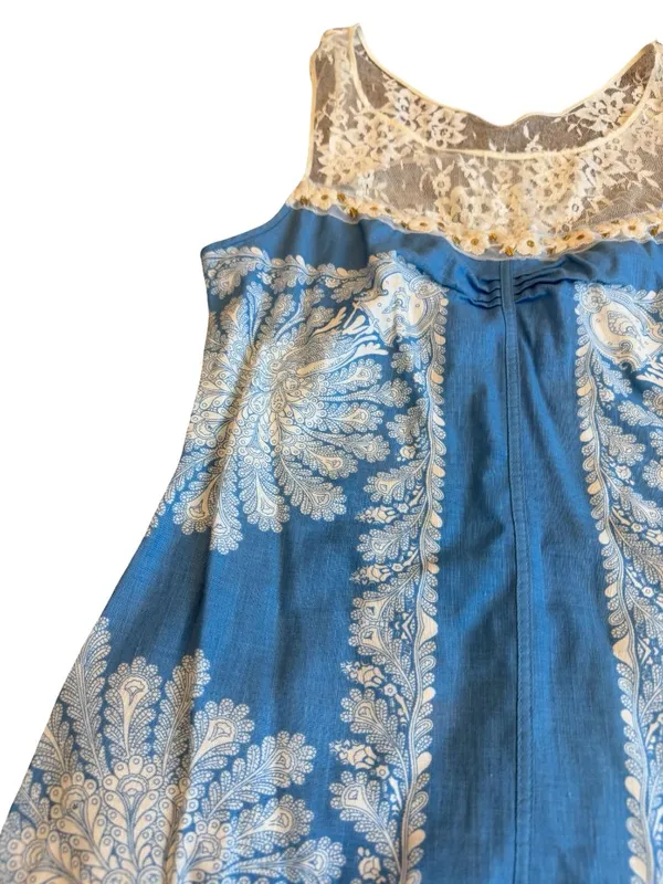 Free People Blue Ivory Paisley Lace Yoke Shift Dress Boho Mini Size 4 Women's - Image 2