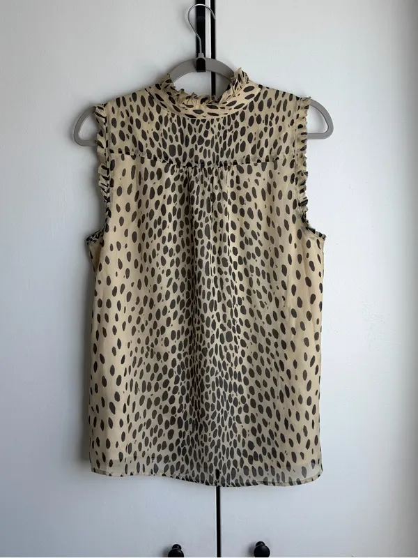 J. Crew Beige Sleeveless Ruffle Tie-Neck Top with Black Spot Print - Image 2