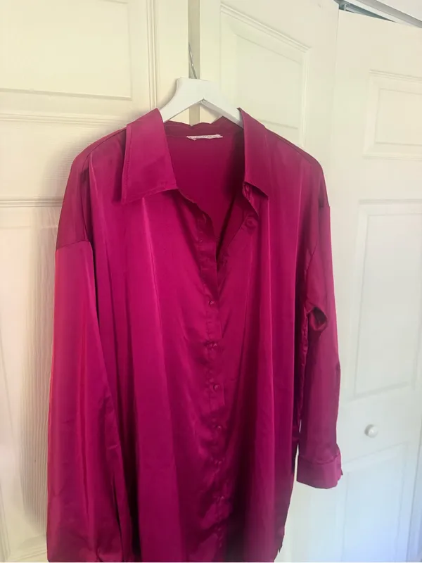 12th Tribe Hot Pink Satin Shiny Shirt Dress Button Down Collared Mini Large - Image 4