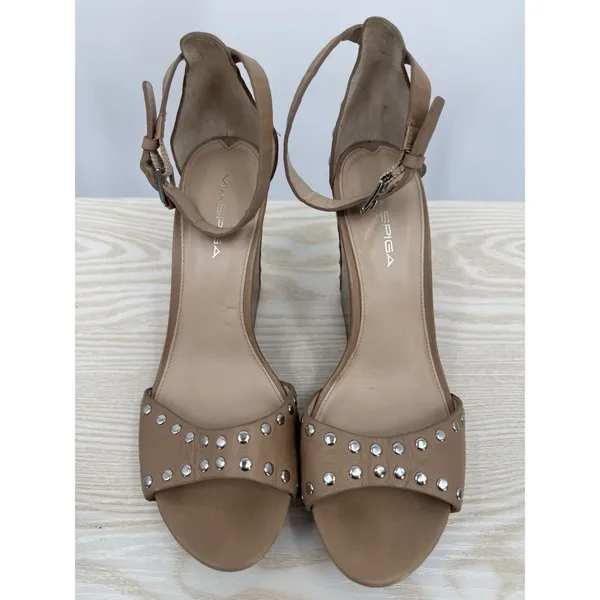 Via Spiga 3.5' Tan Leather Moto Silver Studded Platform Wedge Sandals 9M Biker - Image 6