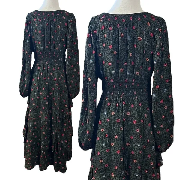 Free People Bohemian Gypsy Tiered Ruffle Maxi Dress Size Medium Witchy Plunge - Image 8
