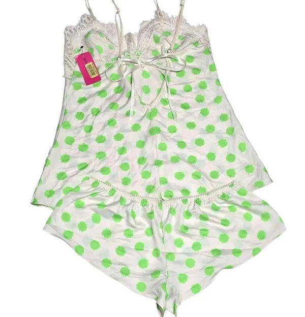 Betsey Johnson Intimates Green Dot Silky Luxe 2-Piece Pajama Short Set Small NEW - Image 4