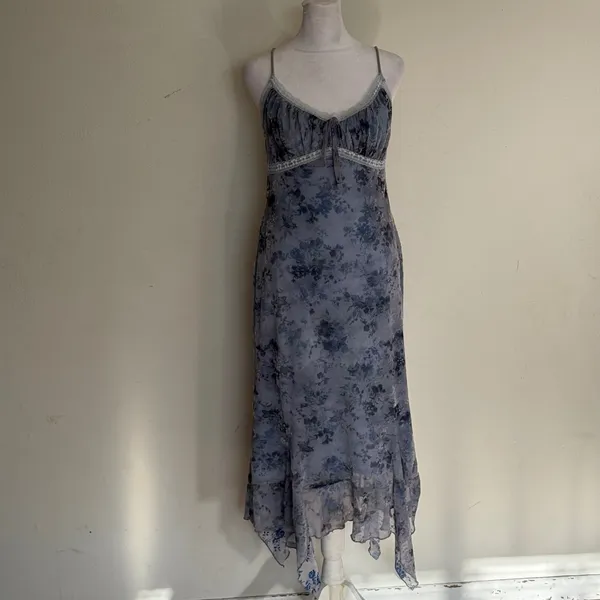 Urban‎ Outfitters Floral Mesh Handkerchief Hem Midi Dress Blue Y2K Large - Image 6