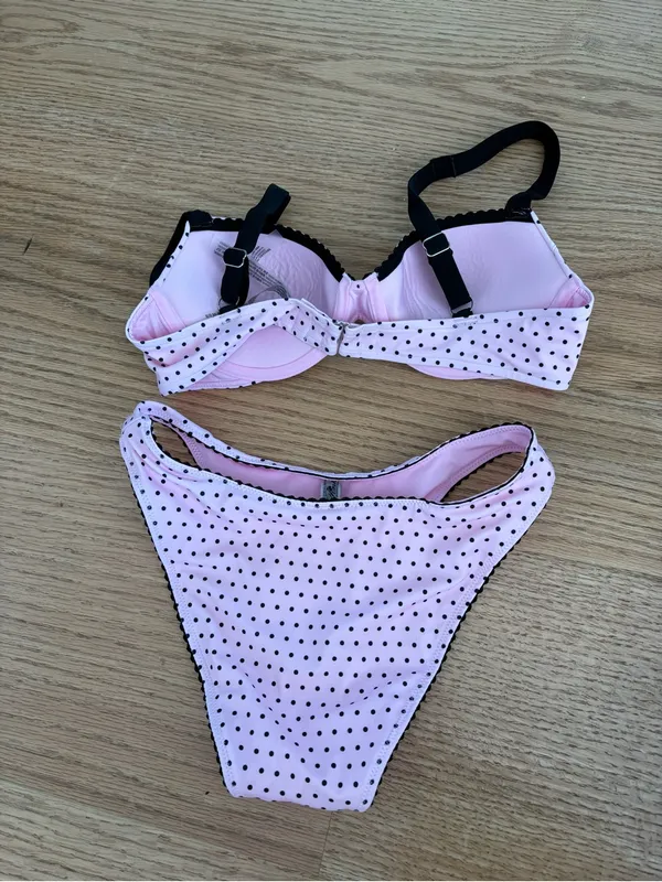 Pink Polka Dot Bikini Set with Black Trim - Image 4