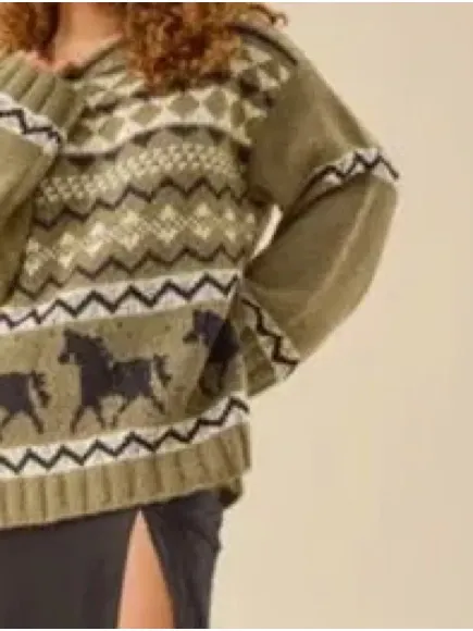 Altar'd State Olive Green Fair Isle Horse Motif Sweater - Image 2