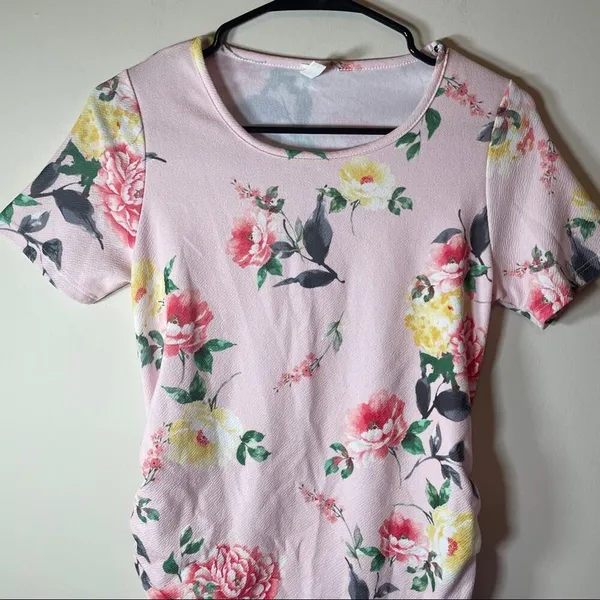 PinkBlush Pink Floral‎ Fitted Ruched Short Sleeve Maternity Dress Size S - Image 4