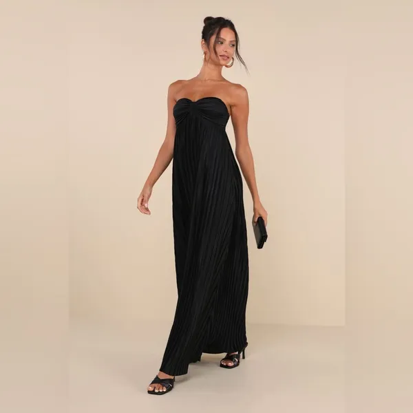 LULU’S Whimsical Beauty Black Satin Plisse Strapless Maxi Dress - Image 9