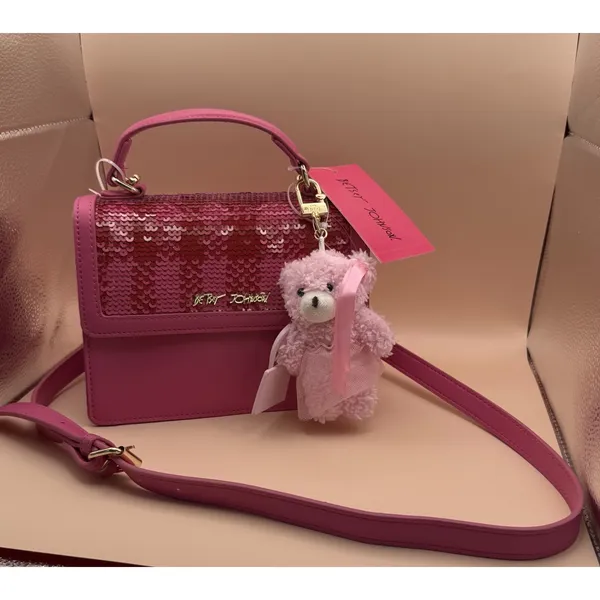 Betsey Johnson Pink Red‎ Sequin Houndstooth Crossbody Bag Teddy Bear Charm NEW - Image 2