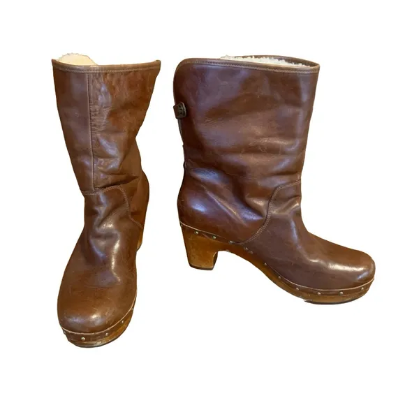 Ugg "Lynnea" Cognac Brown Leather Clog Boots With Sherpa Lining (10) - Image 7