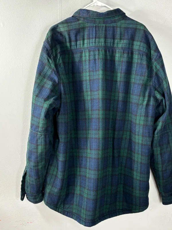 LL Bean Sherpa Lined Plaid Flannel Shacket Blue Green Shirt Men’s SZ XL Fleece - Image 6