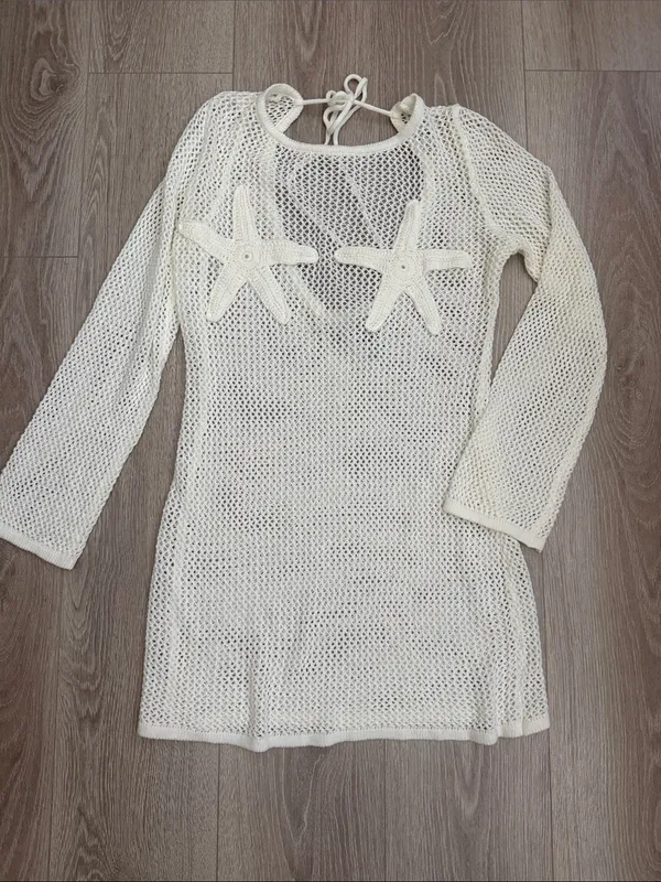 NWT Lulus Arizbeth Crochet Sheer White Starfish Knit Cover-Up Dress Swim Large - Image 4