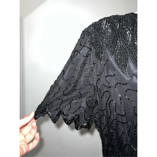 100% Silk Vintage Women’s Black Beaded Open Back MIDI Dress LARGE - Image 14