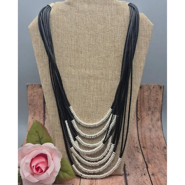 Black & Silver Tone Multi Cord Strand Statement Necklace 24" Long Collar - Image 2