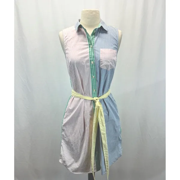 J.Crew Color Block Stripe Shirt Dress 4 S Sleeveless Pockets Belt Preppy Coastal - Image 3